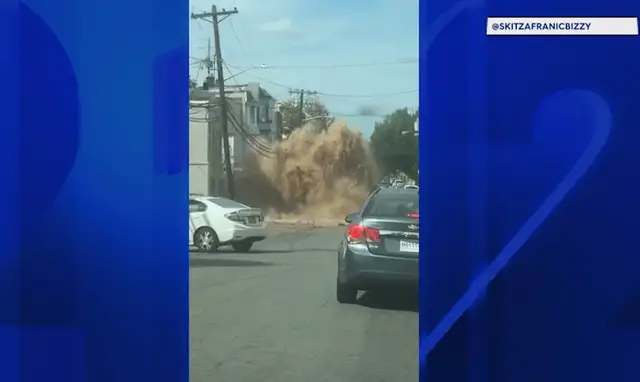 Video thumbnail for Water main break sends massive gush of water into air, shuts down roads in Newark