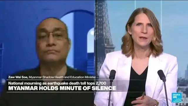 Video thumbnail for Myanmar holds minute's silence for more than 2,700 dead in devastating earthquake