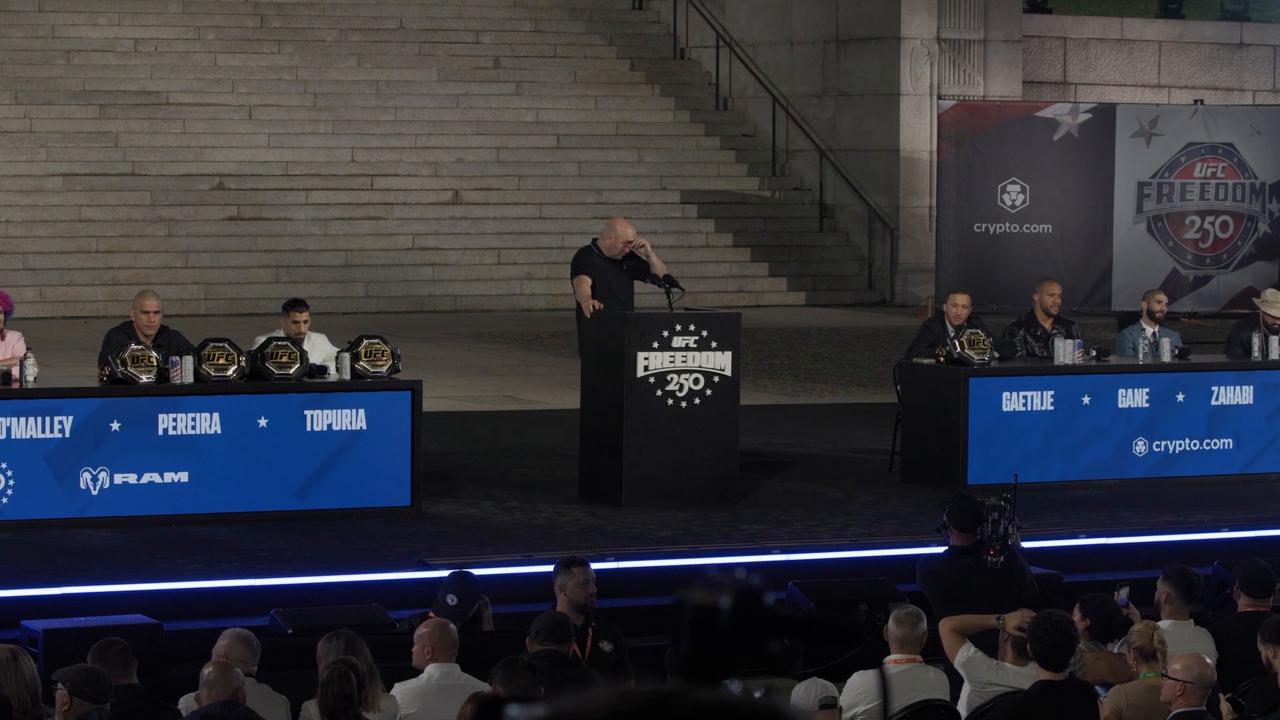 Video thumbnail for US: UFC fighters face off in Washington ahead of Freedom 250 event.