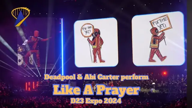 'Video thumbnail for Deadpool, Lady Deadpool, and Dogpool Dance To Abi Carter Singing Like a Prayer at D23 2024'