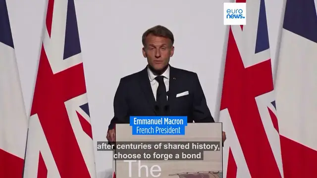 Video thumbnail for Macron and King Charles hail UK-France ties at Bayeux Tapestry viewing