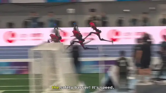 Video thumbnail for Humanoid Robots Race and Slow Down at Safety Barrier in Beijing
