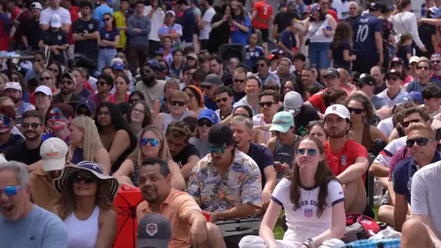 Video thumbnail for US: US fans celebrate World Cup victory over Australia aboard USS Intrepid.