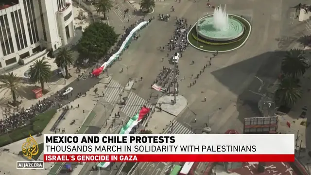 'Video thumbnail for Thousands march across Latin America, urging leaders to cut ties with Israel over Gaza war'