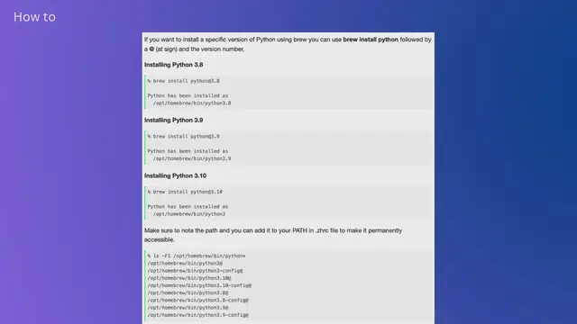 Video thumbnail for How to install Python Specific version (3.8, 3.9 or 3.10) using Brew