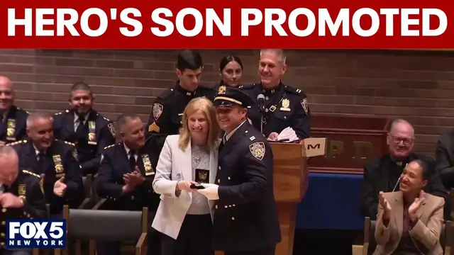 Video thumbnail for Son of NYPD hero promoted at Lower Manhattan ceremony