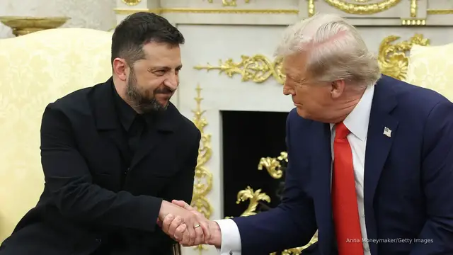 'Video thumbnail for Trump meeting with Zelenskyy more courteous, ends with vague promises'