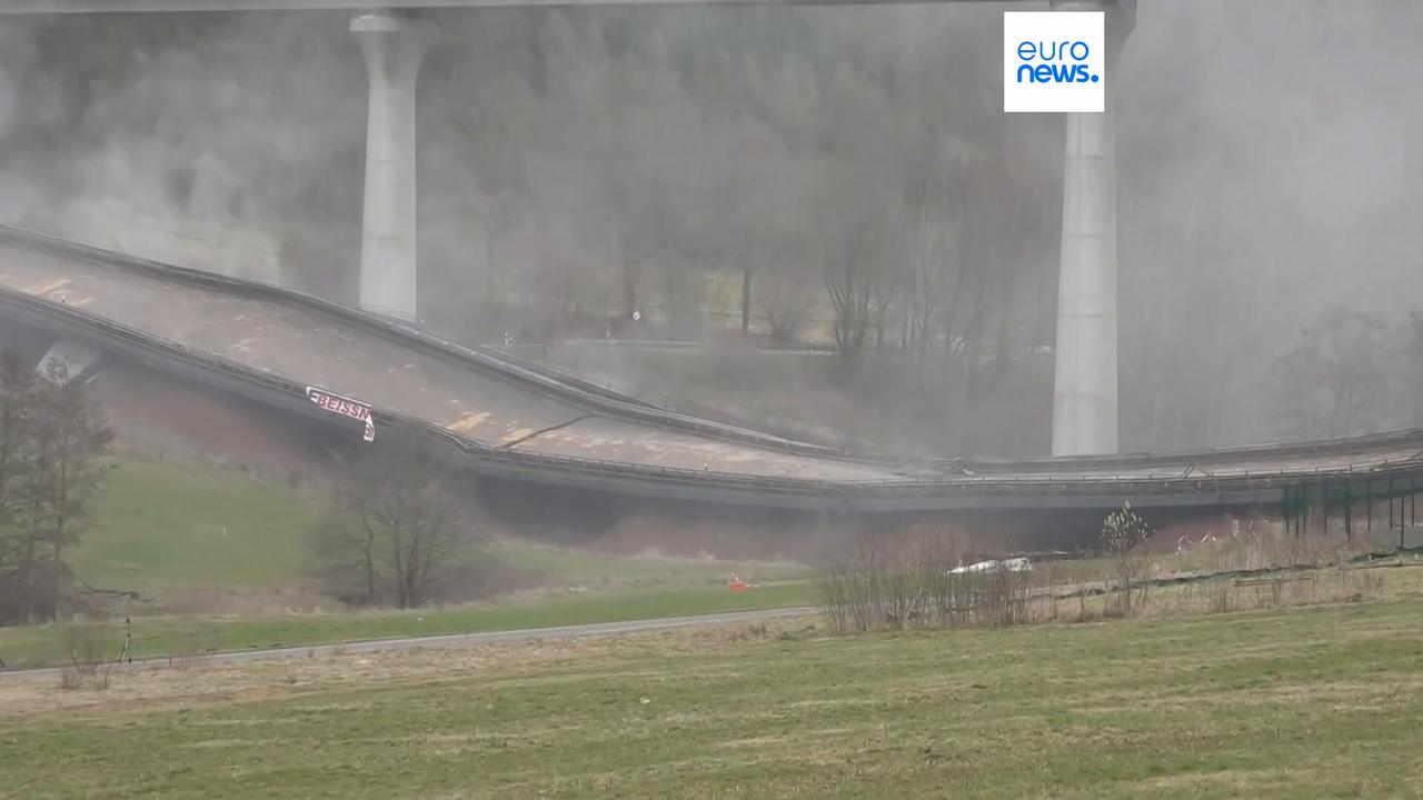 Video thumbnail for Watch: Germany demolishes sections of major highway bridge in controlled blast