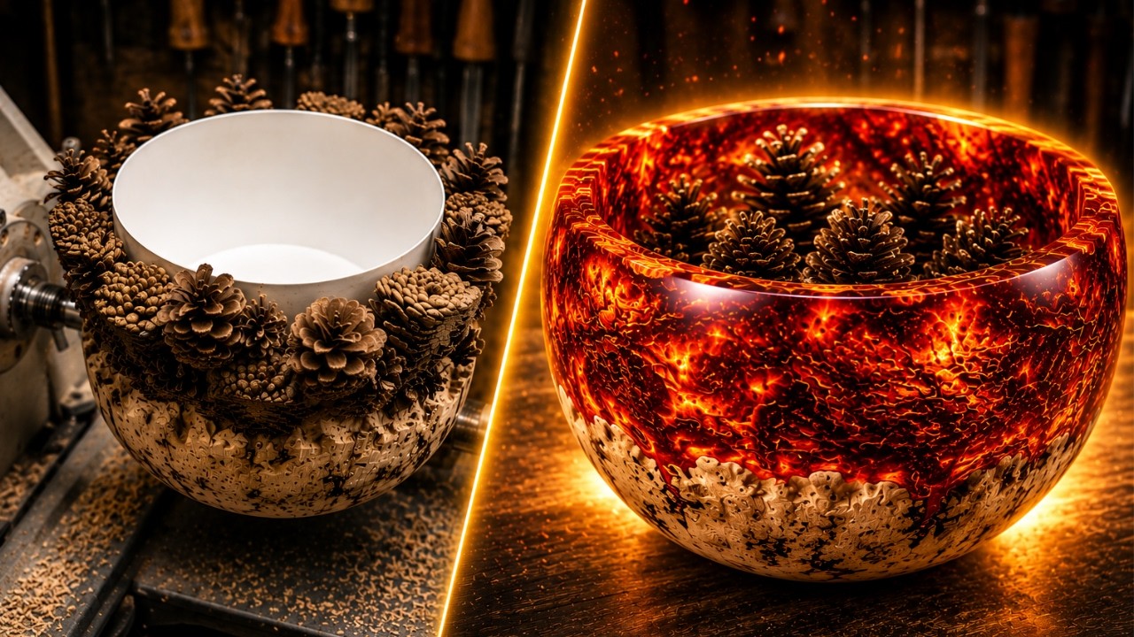 Video thumbnail for FROM BURL TO FIRE! Turning Pine Cones Into a Fiery Resin Bowl