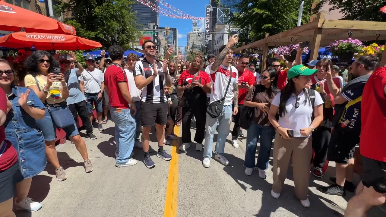 Video thumbnail for Canada: Türkiye fans gather in Vancouver ahead of FIFA World Cup match against Australia.