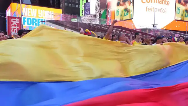 Video thumbnail for US: Colombia fans gather in Times Square ahead of Uzbekistan World Cup match.