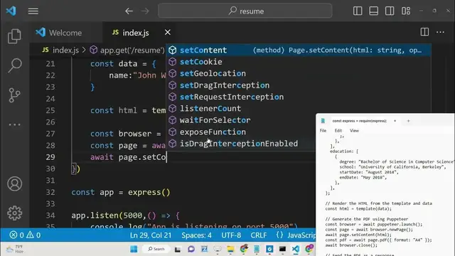 Video thumbnail for Node.js Puppeteer Project to Export Handlebars Resume Template to PDF Document in Express Using JS