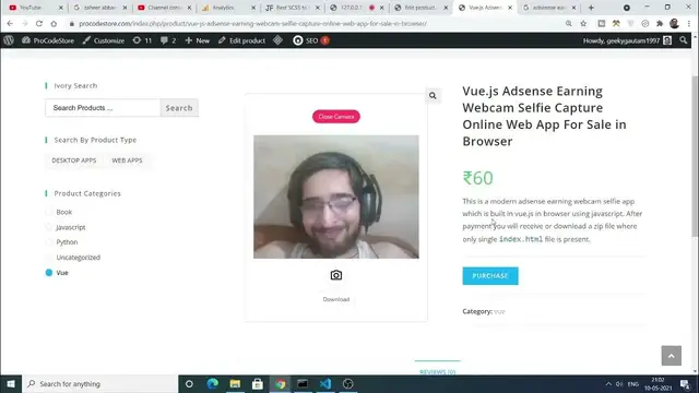 Video thumbnail for Vue.js Adsense Earning Money Webcam Camera Selfie Capture Online Web App For Sale in Browser