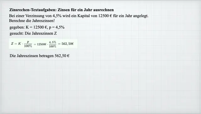 Video thumbnail for Textaufgabe Jahreszins ausrechnen
