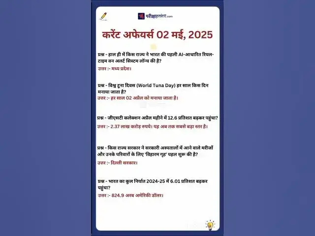 Video thumbnail for 02 May 2025 Current Affairs in Hindi #hindicurrenttaffairs #gkinhindi #todaycurrentaffairs