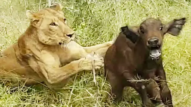 Video thumbnail for Lions Hunt Buffalo Calf Left Behind by Herd