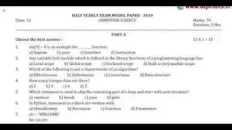Video thumbnail for 12th Computer Science Half Yearly 2019-20 Model Question Paper-3 | Salem District | English Medium