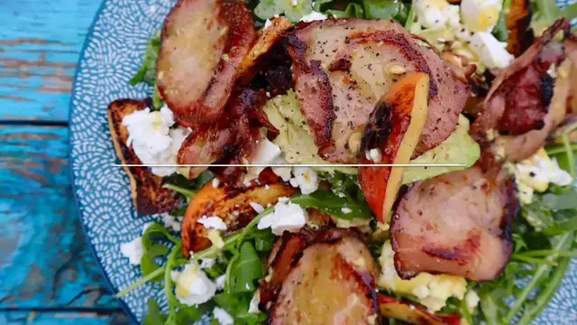 'Video thumbnail for Grilled Peach, Pancetta, Mint, Feta and Rocket Salad Recipe'