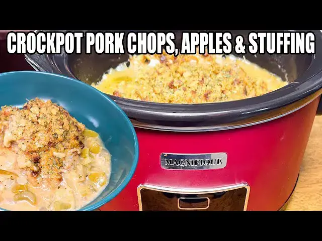 'Video thumbnail for CROCKPOT PORK CHOPS, APPLES, STUFFING IN THE SLOW COOKER'