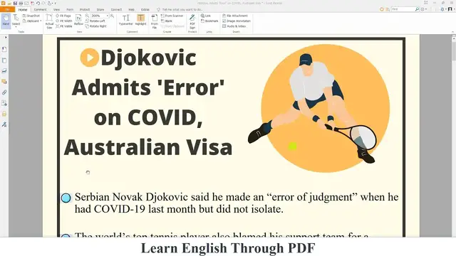 Video thumbnail for Learn English Through Pdf | Djokovic Admits 'Error' on COVID, Australian Visa