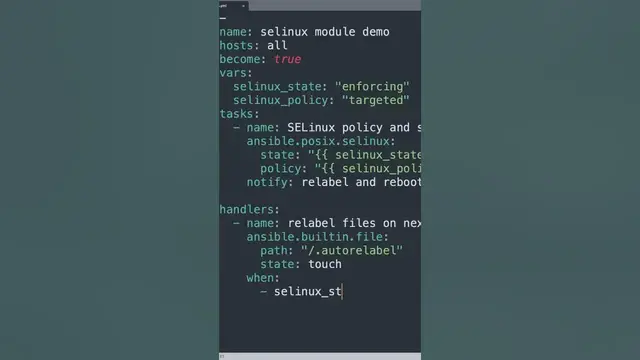 Video thumbnail for #shorts Set the SELinux Policy States and Modes on Linux - Ansible module selinux #linux #security