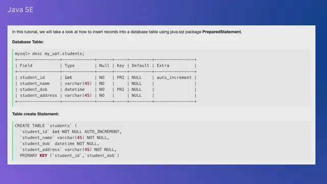 Video thumbnail for Java SE JDBC - Insert with PreparedStatement Example