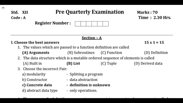 Video thumbnail for 12th Computer Science Quarterly Exam Model Question Paper 2019-20 | Namakkal District | EM