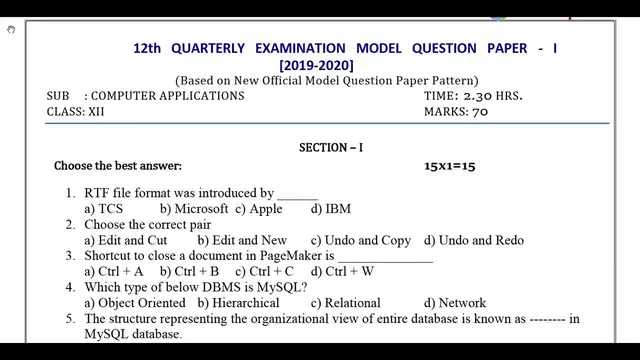 Video thumbnail for 12th Computer Applications Quarterly Exam Model Question Paper 2019-20 | Chennai District | EM