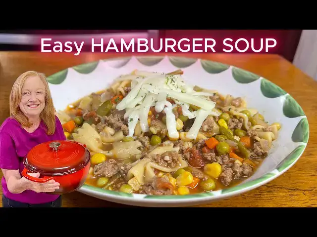 Video thumbnail for Easy HAMBURGER VEGETABLE PANTRY SOUP