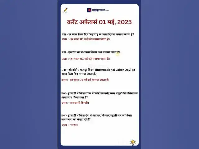Video thumbnail for 01 May 2025 Current Affairs in Hindi #hindicurrenttaffairs #gkinhindi #todaycurrentaffairs