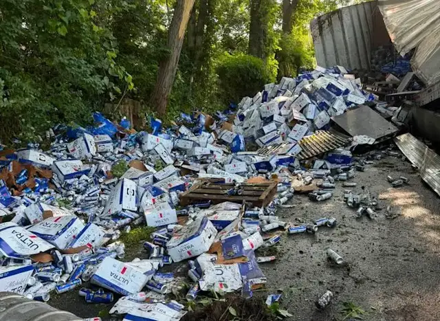 Video thumbnail for Beer spill snarls traffic after tractor-trailer overturns on Route 44 in Salisbury