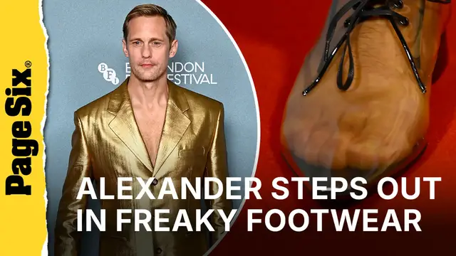 Video thumbnail for Alexander Skarsgård kicks off 'Wicker' press tour with freaky footwear