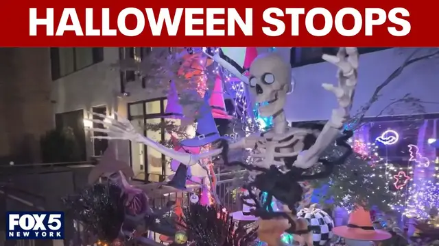 Video thumbnail for New Yorkers go all out for Halloween with spooky stoop displays