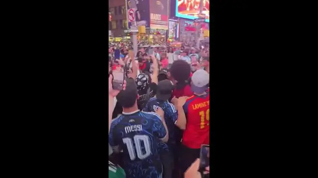 Video thumbnail for World Cup 2026: Fans Scuffle At Times Square Gathering.