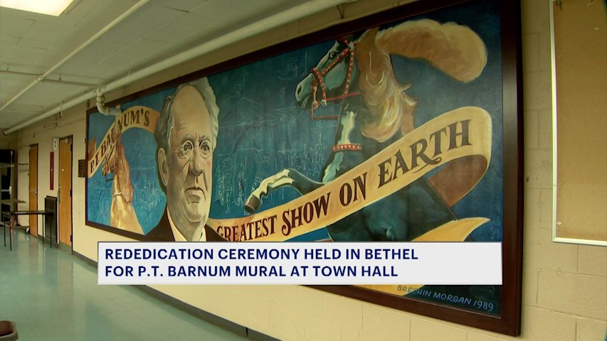 Video thumbnail for Rededication ceremony held for P.T. Barnum mural at Bethel Town Hall