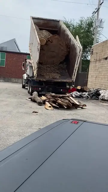 Video thumbnail for Massive Burr Oak Log Drops from Dump Truck and Lands Upright