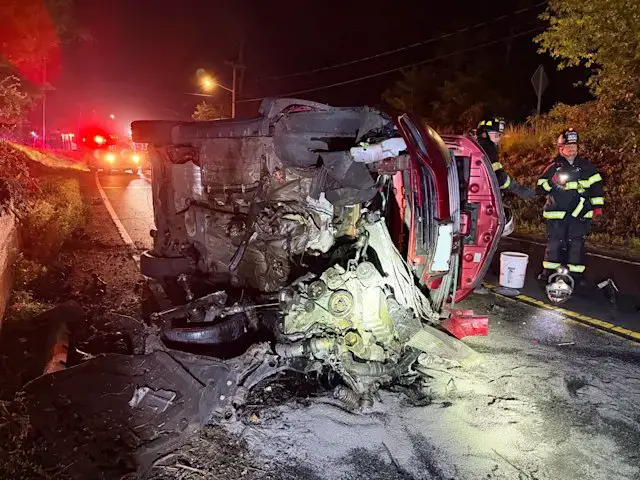 Video thumbnail for Car crashes into Center Moriches overpass, overturns after driver falls asleep