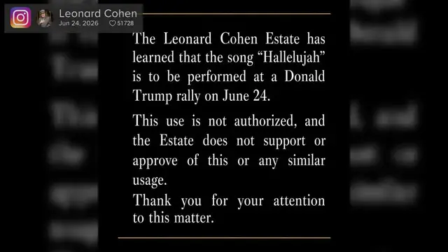 Video thumbnail for UNCAPTIONED: Leonard Cohen's estate objects to use of Hallelujah at Donald Trump rally.