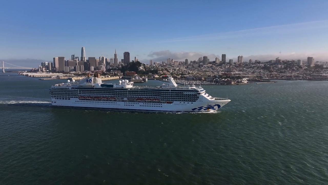 Video thumbnail for US: Island Princess cruise ship departs from San Francisco.