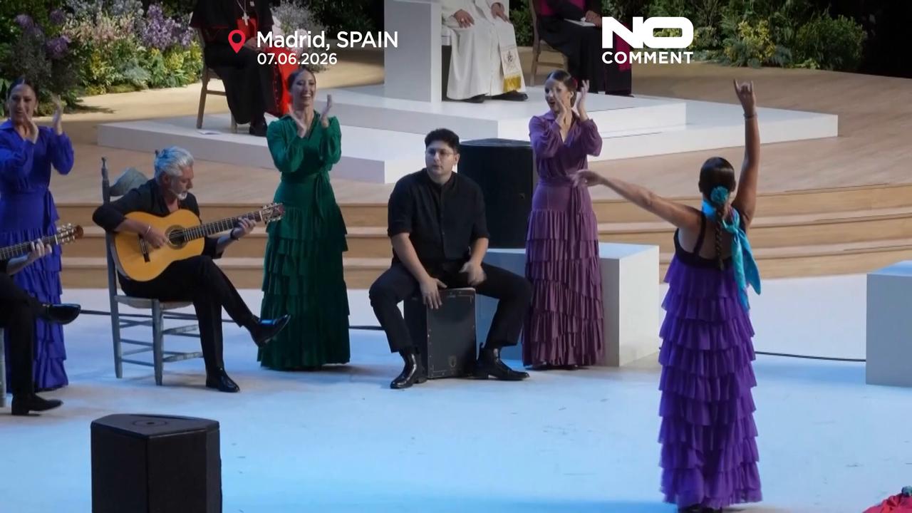 Video thumbnail for Pope Leo XIV meets Antonio Banderas, watches flamenco performance in Madrid
