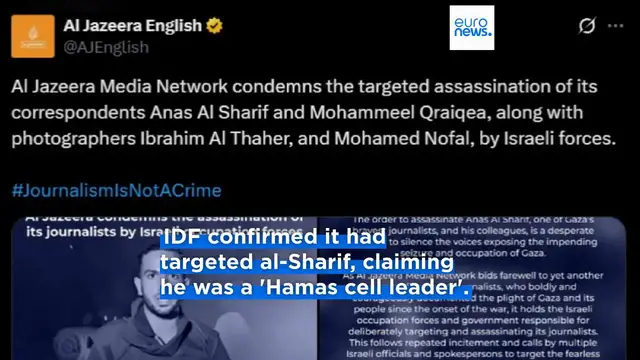 'Video thumbnail for Five Al Jazeera journalists killed in Israeli strike on Gaza City'