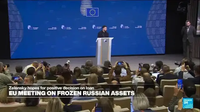 'Video thumbnail for Zelensky urges EU to use frozen Russian assets to arm and rebuild Ukraine'
