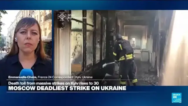 Video thumbnail for Kyiv mourns 30 killed in Russian attack as rescuers continue search