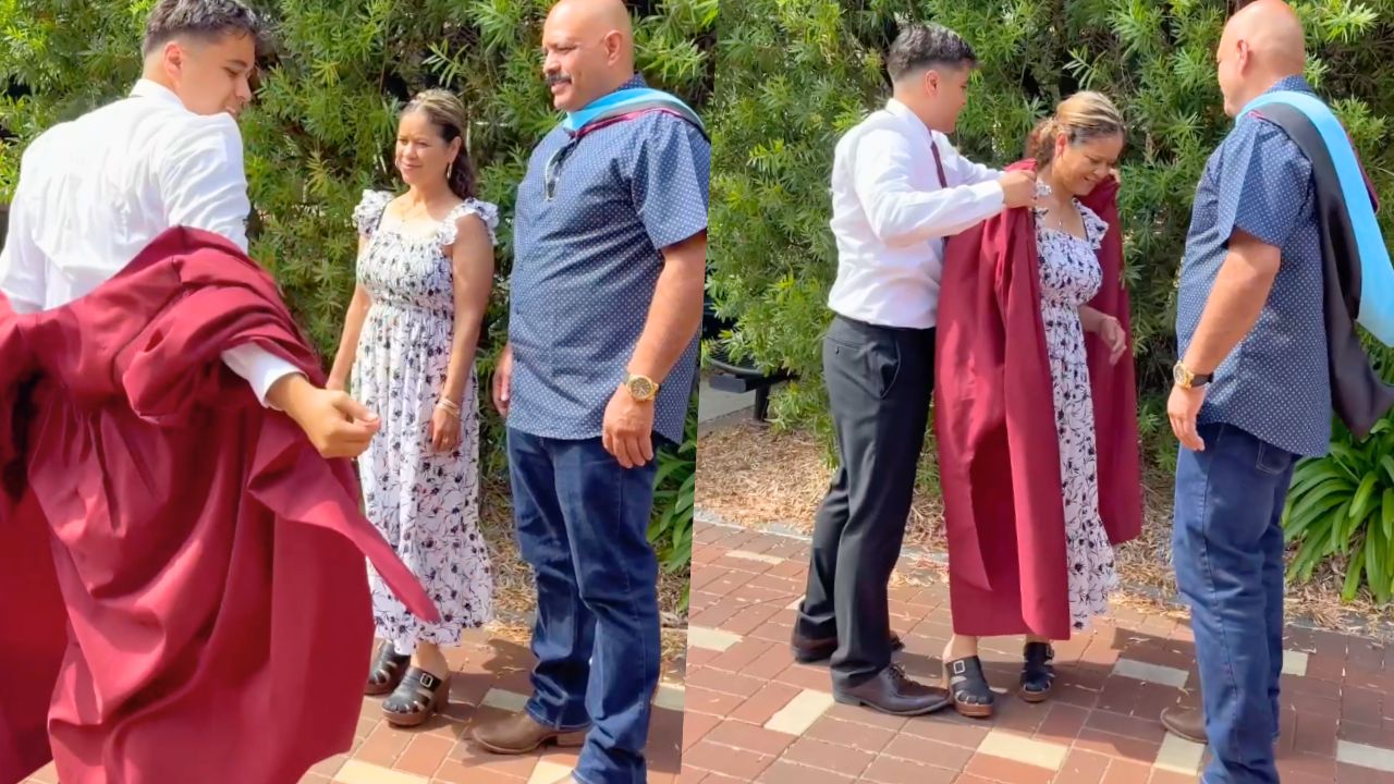 Video thumbnail for Son Surprises Immigrant Parents With Cap And Gown At Master's Ceremony