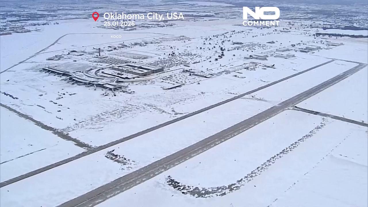 Video thumbnail for Drone footage shows snow-covered US cities, snow plows at work