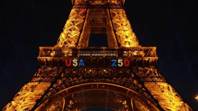 Video thumbnail for France: Eiffel Tower glows to mark 250th anniversary of US independence.