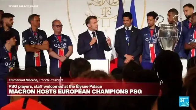 Video thumbnail for Macron hosts European Champions PSG at Elysée Palace and delivers speech