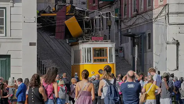 'Video thumbnail for Investigators examine Lisbon funicular wreckage following deadly crash'
