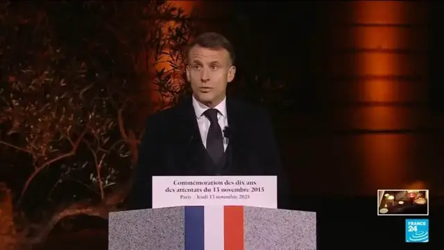 'Video thumbnail for President Emmanuel Macron gives speech at ceremony commemorating 2015 Paris terror attacks'