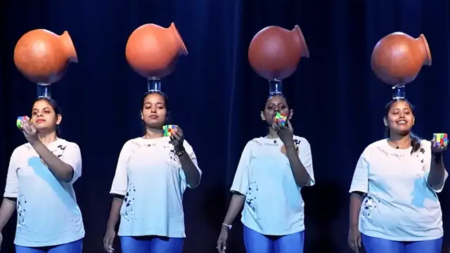 'Video thumbnail for Most cubes solved consecutively one handed whilst balancing an object on the head by a team - 605'